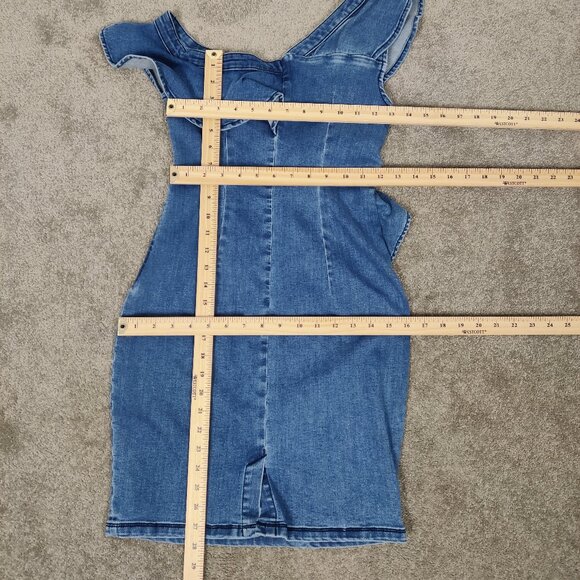 Bebe Women's Dress Size 4 Denim Blue Asymmetrical Mini Bodycon Ruffled Summer - Picture 6 of 8